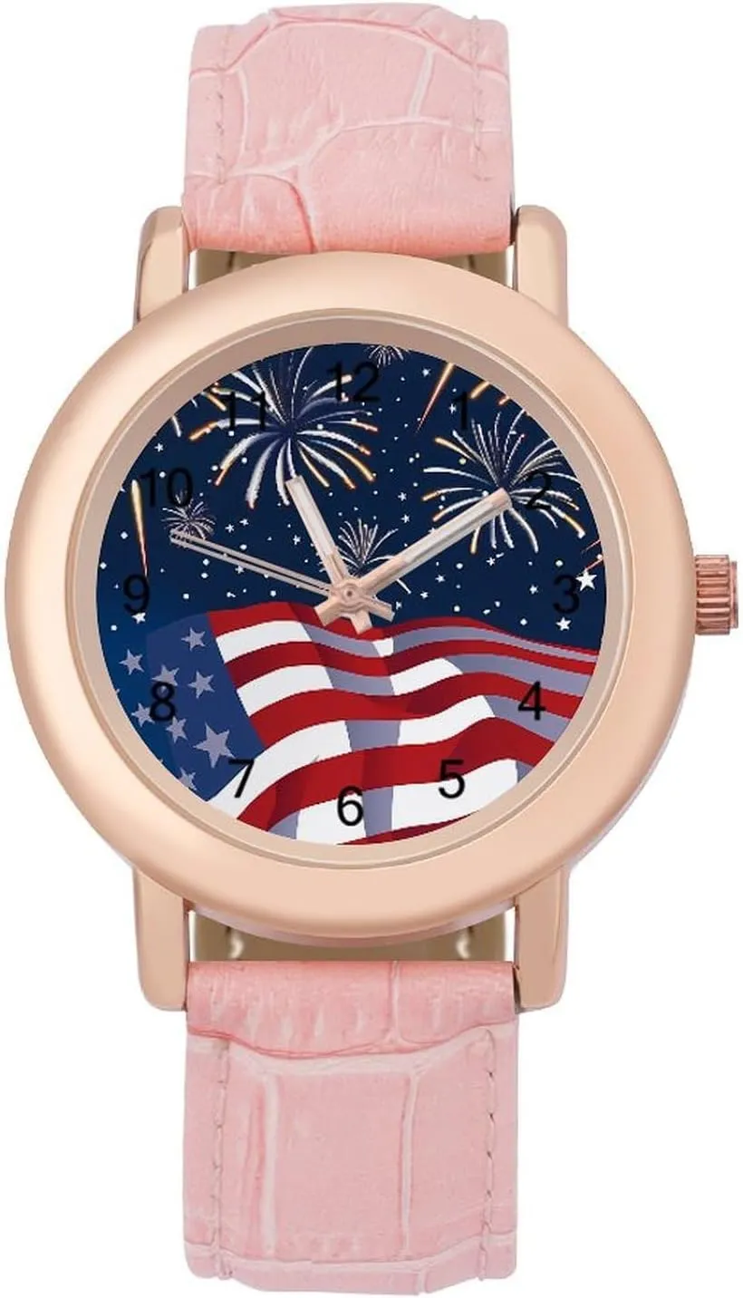 Leather Band Ladies silversmith gather telltale Watches Three-Hand Watch U.S.A. 4th of July Women's Leather Strap Watch Elegant 
