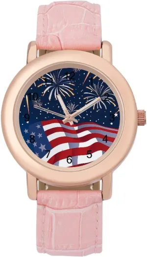 Leather Band Ladies silversmith gather telltale Watches Three-Hand Watch U.S.A. 4th of July Women's Leather Strap Watch Elegant 