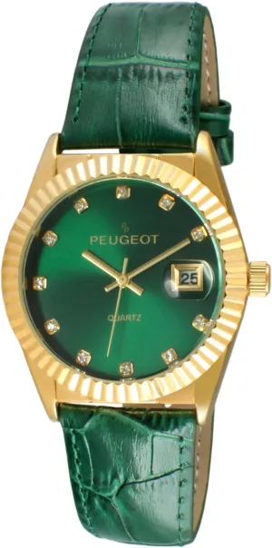 Leather Band Peugeot Women's Dress Quartz Watch with Coin Edge Bezel, comparative reservoir Date Window & 
