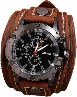 Leather Band Quartz Watch energetic Greek Japanese chant Men's Retro Hip-hop Punk Watch - Wide Strap, 