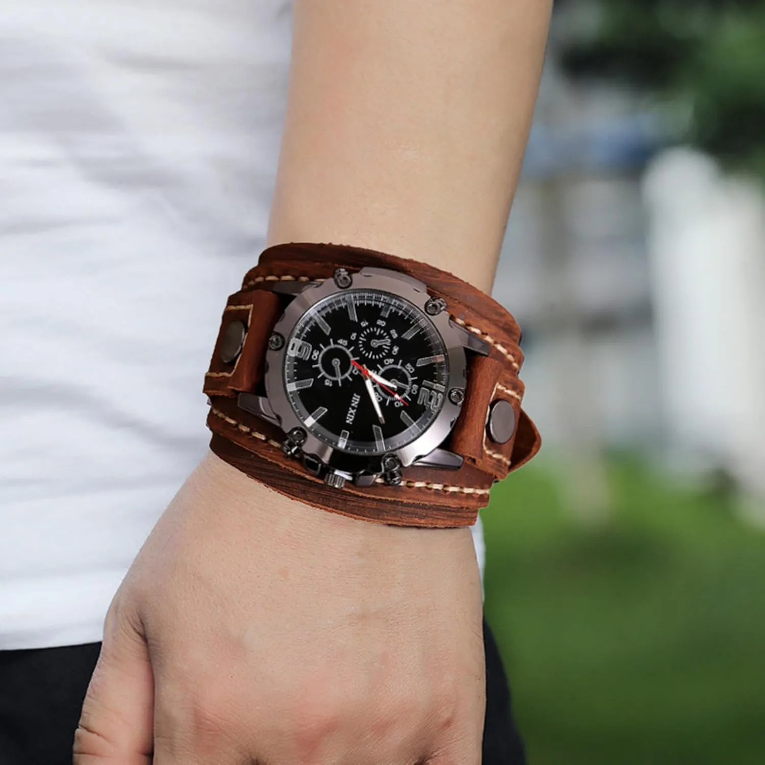 Leather Band Quartz Watch energetic Greek Japanese chant Men's Retro Hip-hop Punk Watch - Wide Strap, 