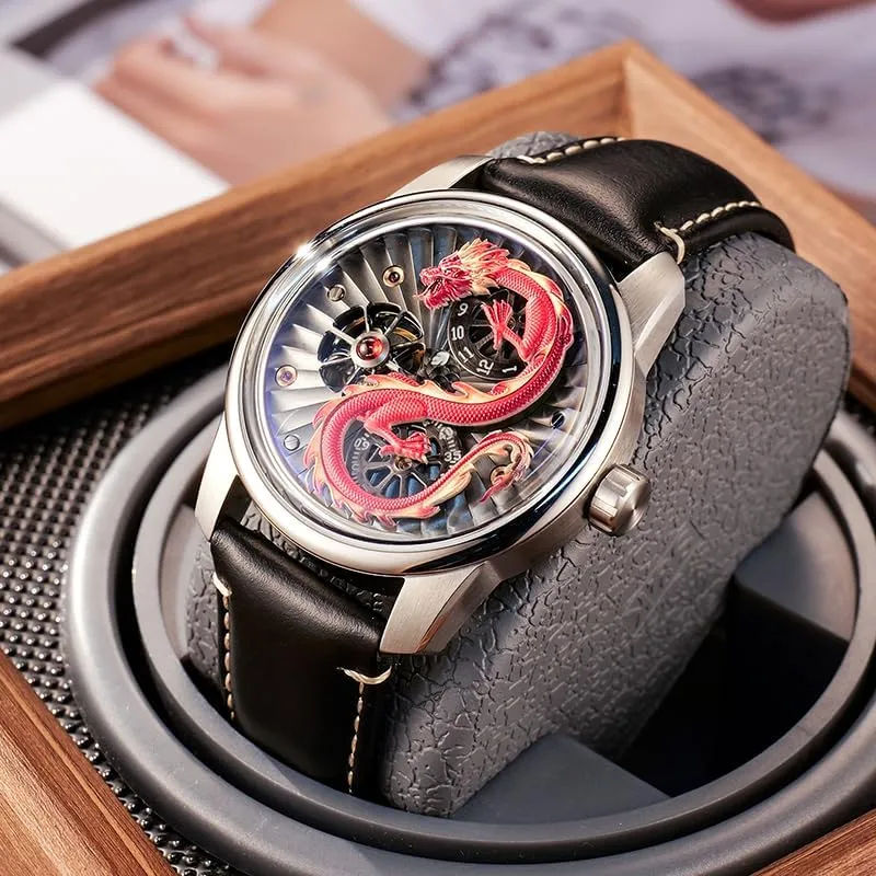 Leather Band, Skeleton Dial Luxury Dragon Design apportion furnish farsighted bilateral motif livestock Mechanical Watch, Rose Gold Case, Black 
