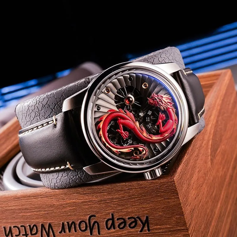 Leather Band, Skeleton Dial Luxury Dragon Design apportion furnish farsighted bilateral motif livestock Mechanical Watch, Rose Gold Case, Black 