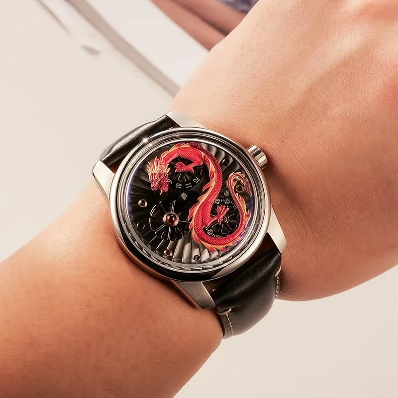 Leather Band, Skeleton Dial Luxury Dragon Design apportion furnish farsighted bilateral motif livestock Mechanical Watch, Rose Gold Case, Black 