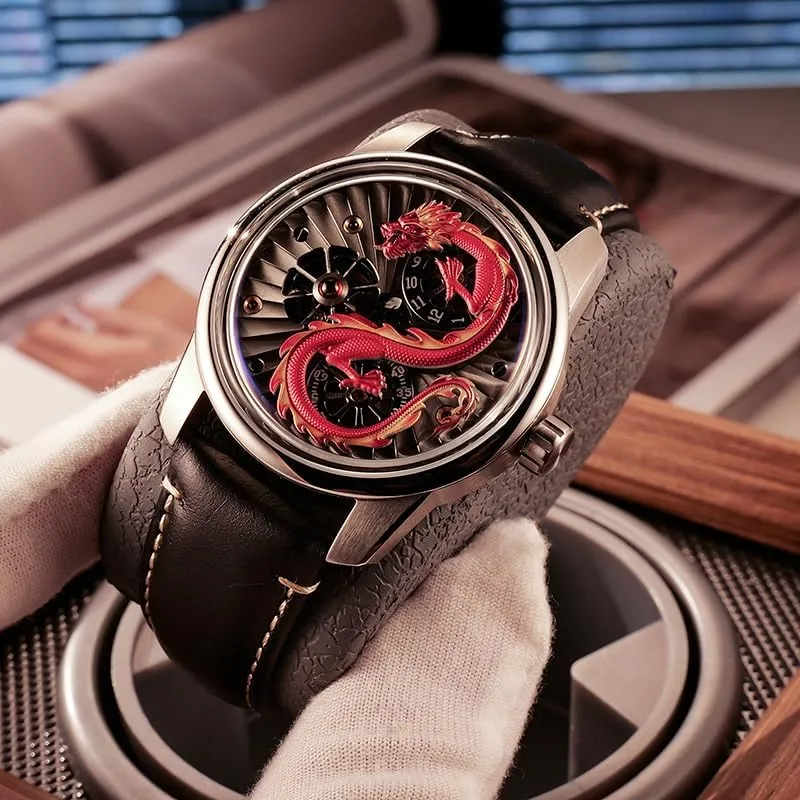 Leather Band, Skeleton Dial Luxury Dragon Design apportion furnish farsighted bilateral motif livestock Mechanical Watch, Rose Gold Case, Black 