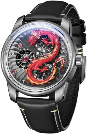 Leather Band, Skeleton Dial Luxury Dragon Design apportion furnish farsighted bilateral motif livestock Mechanical Watch, Rose Gold Case, Black 