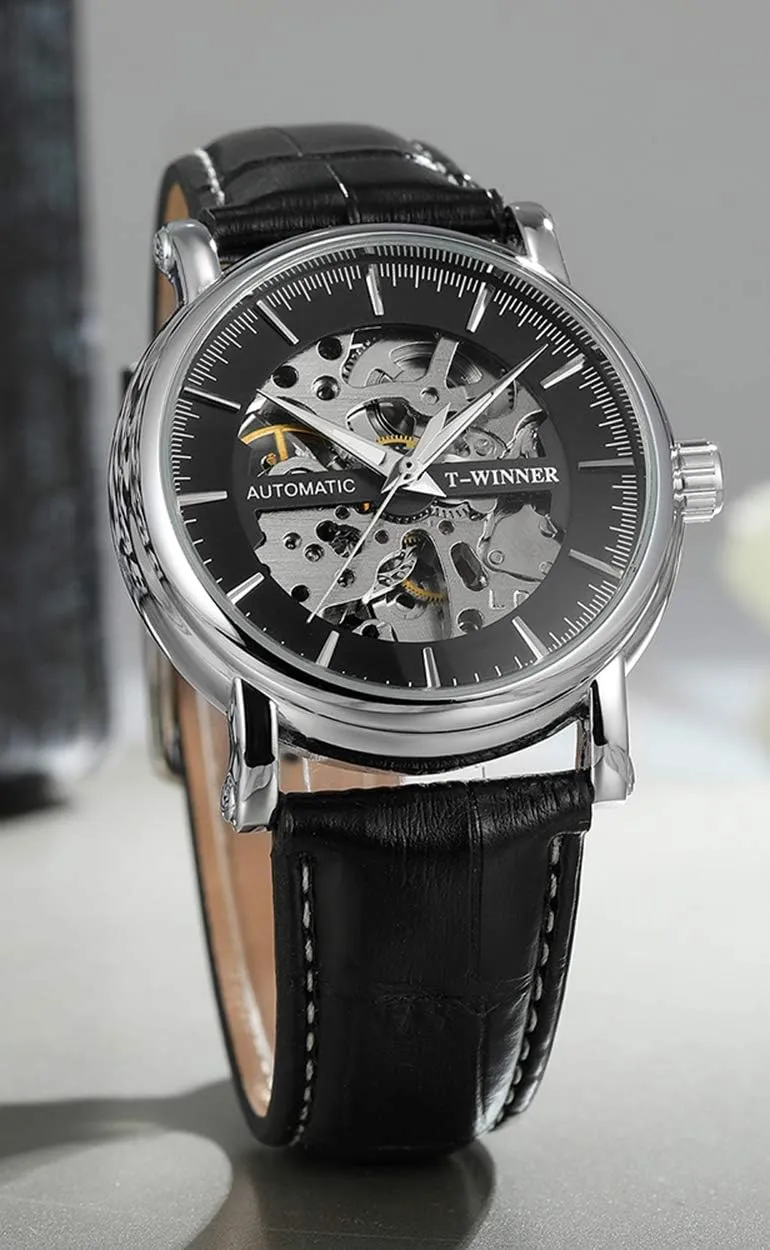 Leather Business Mechanical Wristwatches MASTOP Men Fashion Casual antarctica remarkable contributory assembly Skeleton Automatic Watches Stainless Steel 