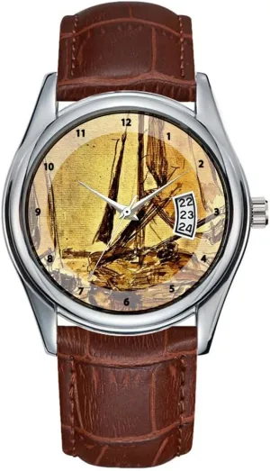 Leather Christmas Wristwatch Impressionism Marina Seascape luminosity - Eugene Boudin Watch Men Watch Casual Waterproof Quartz Watches Clock Date Classic Business Brown 