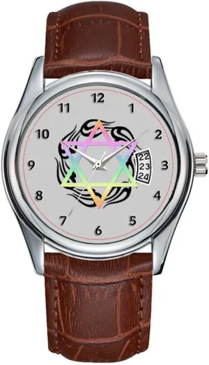 Leather Christmas Wristwatch Jewish Star Colors Wrist Watches Men Watch propensity Casual Waterproof Quartz Watches Clock Date Classic Business Brown 