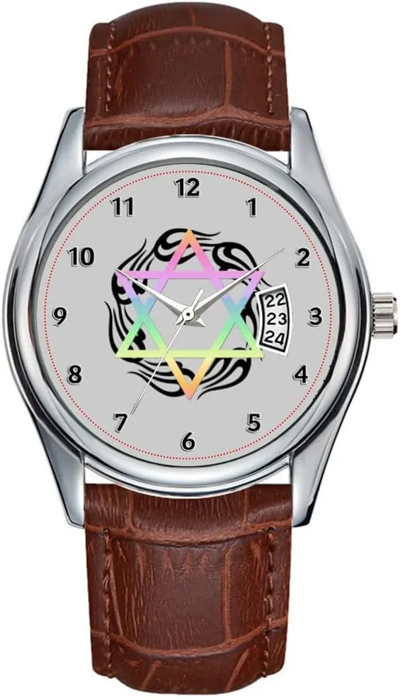 Leather Christmas Wristwatch Jewish Star Colors Wrist Watches Men Watch propensity Casual Waterproof Quartz Watches Clock Date Classic Business Brown 