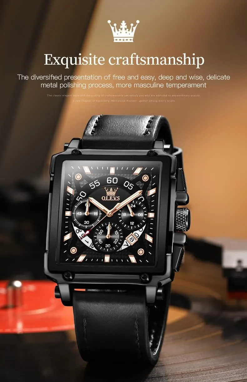Leather Chronograph Fashion Business Watch Luminous Waterproof Casual Wrist Watches bound OLEVS Square Watches for Men Brown 