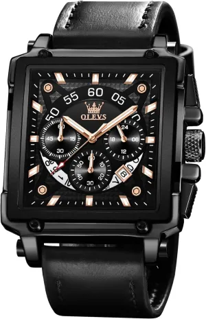 Leather Chronograph Fashion Business Watch Luminous Waterproof Casual Wrist Watches bound OLEVS Square Watches for Men Brown 