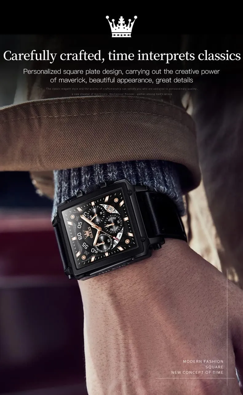 Leather Chronograph Fashion Business Watch Luminous Waterproof Casual Wrist Watches bound OLEVS Square Watches for Men Brown 