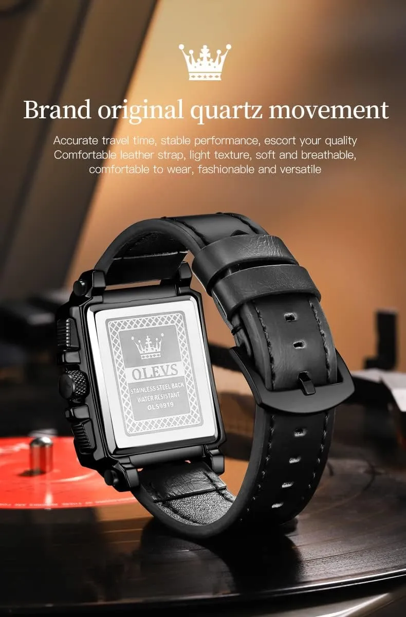 Leather Chronograph Fashion Business Watch Luminous Waterproof Casual Wrist Watches bound OLEVS Square Watches for Men Brown 