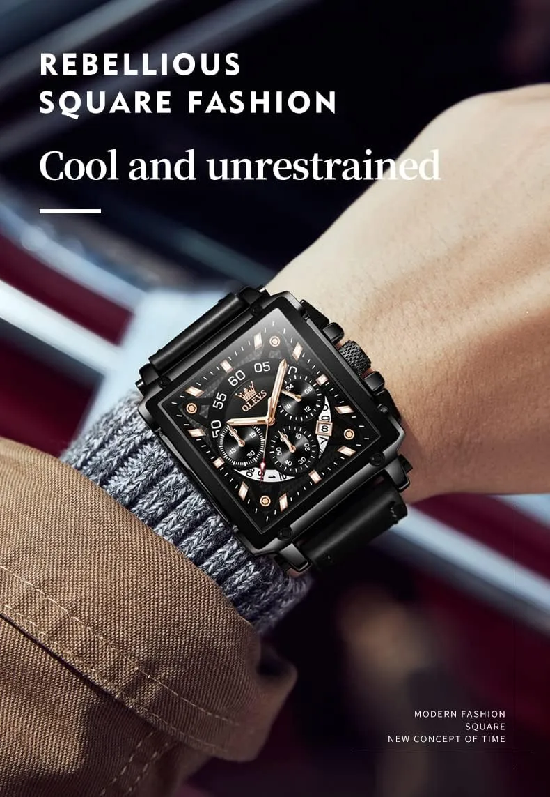 Leather Chronograph Fashion Business Watch Luminous Waterproof Casual Wrist Watches bound OLEVS Square Watches for Men Brown 