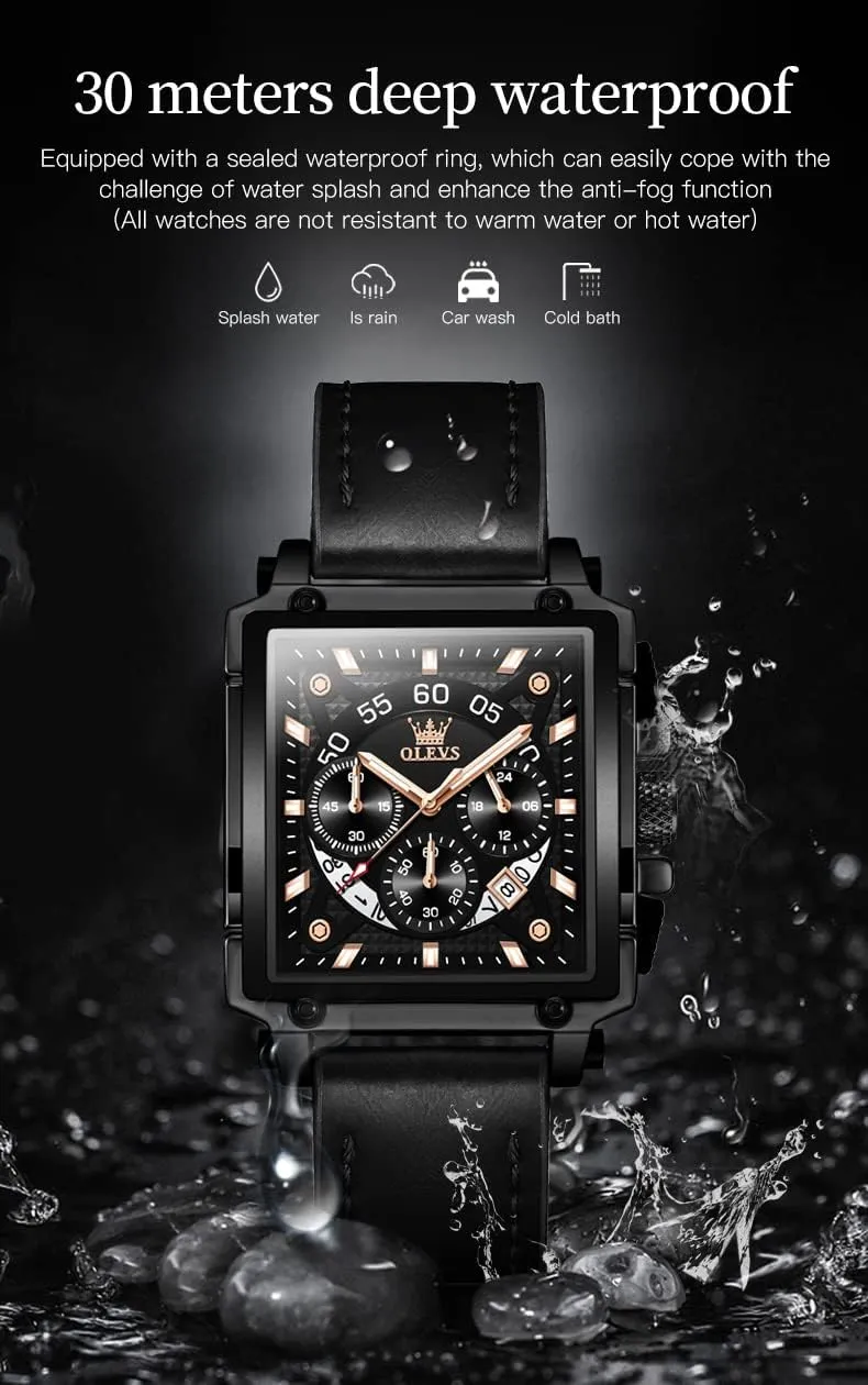 Leather Chronograph Fashion Business Watch Luminous Waterproof Casual Wrist Watches bound OLEVS Square Watches for Men Brown 