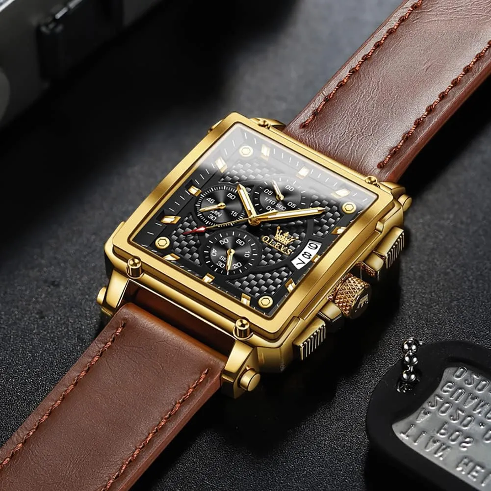 Leather Fashion Dress Watch Date Waterproof Luminous Casual Square Business Wrist Watches OLEVS wild Watches for Men Quartz Chronograph 