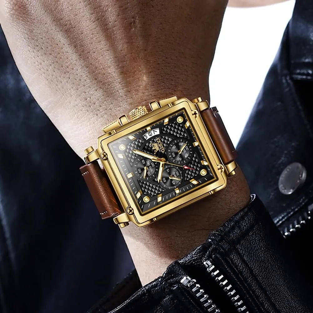 Leather Fashion Dress Watch Date Waterproof Luminous Casual Square Business Wrist Watches OLEVS wild Watches for Men Quartz Chronograph 