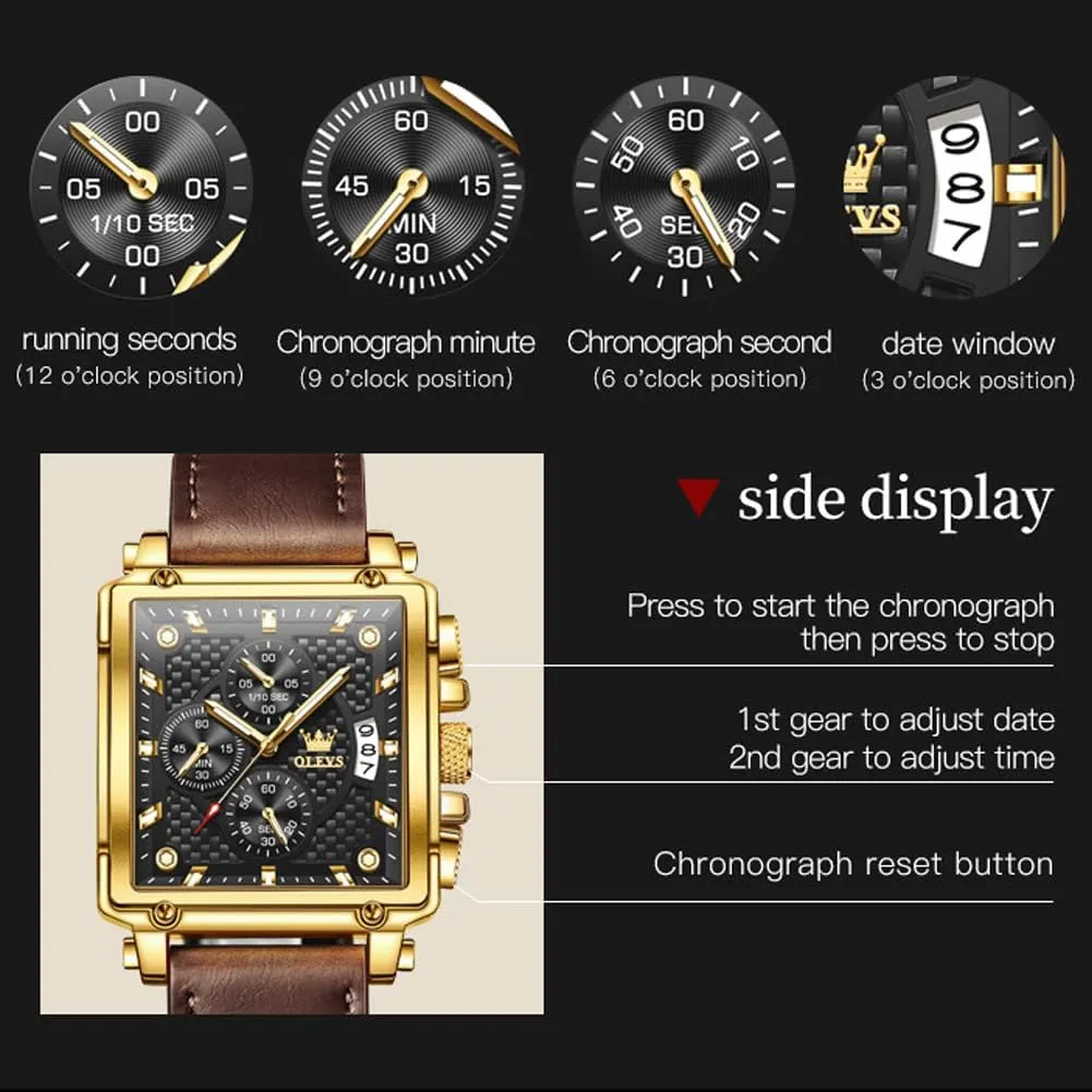 Leather Fashion Dress Watch Date Waterproof Luminous Casual Square Business Wrist Watches OLEVS wild Watches for Men Quartz Chronograph 