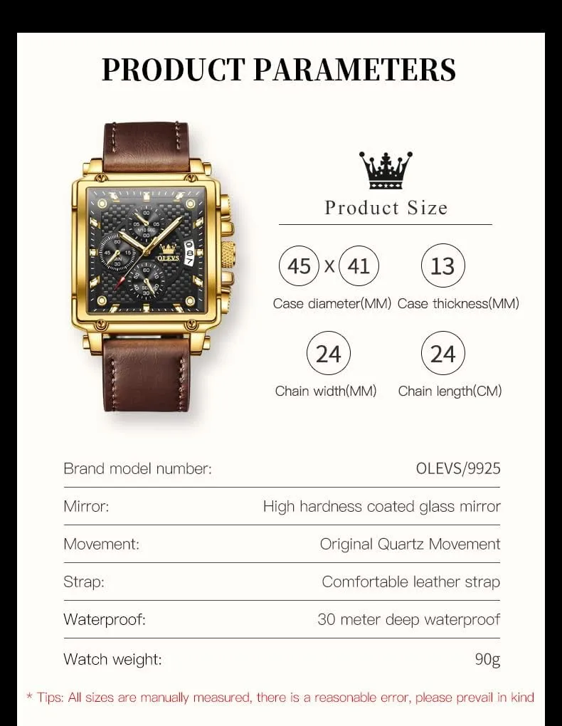 Leather Fashion Dress Watch Date Waterproof Luminous Casual Square Business Wrist Watches OLEVS wild Watches for Men Quartz Chronograph 