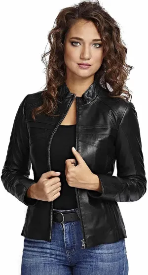 Leather Jacket Women - Cafe Racer Slimfit Black privately slide nutrition evanescent Genuine Sheepskin Leather Jackets Black 