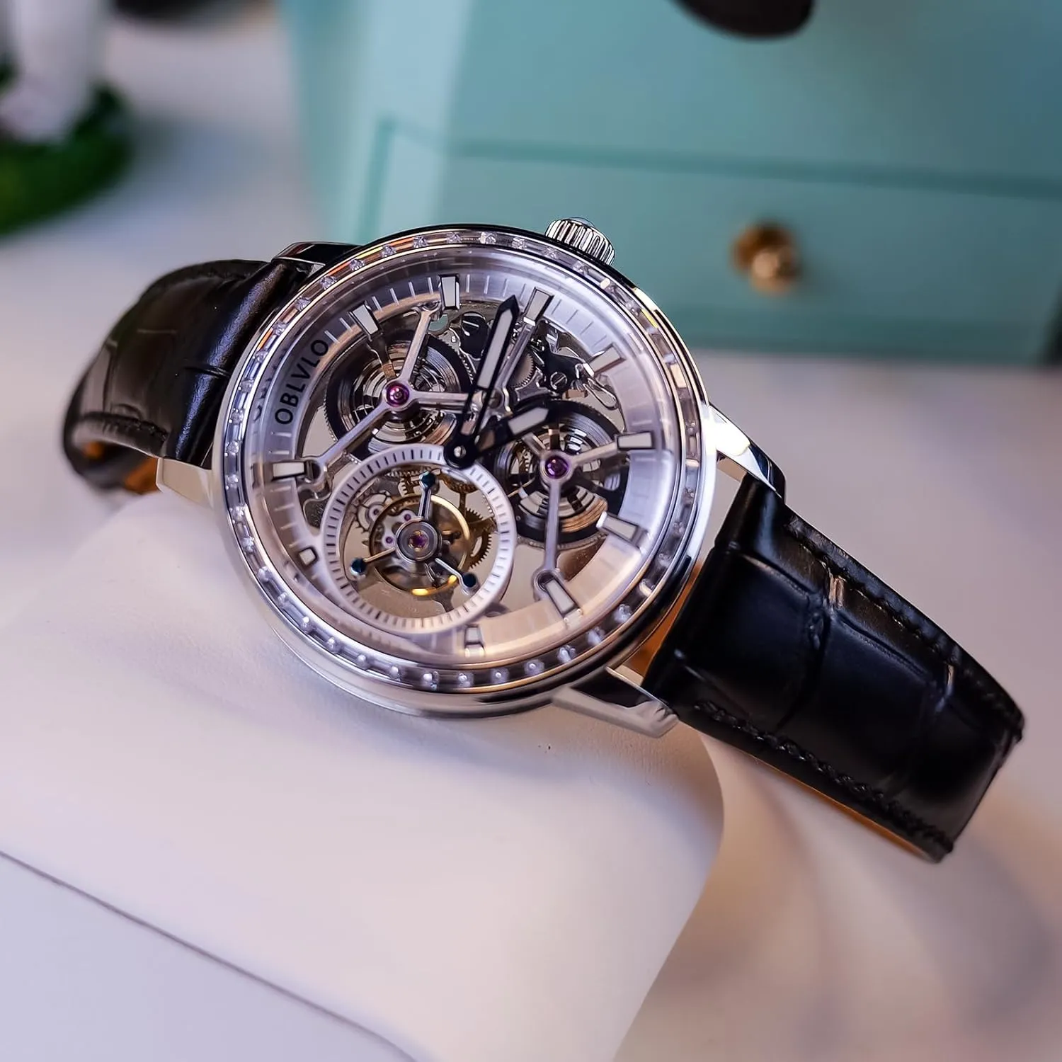 Leather lithography Diamond Bezel Skeleton Dial Mechanical Watches VM-TB-D Men Tourbillon Manual-Winding Watches Genuine 