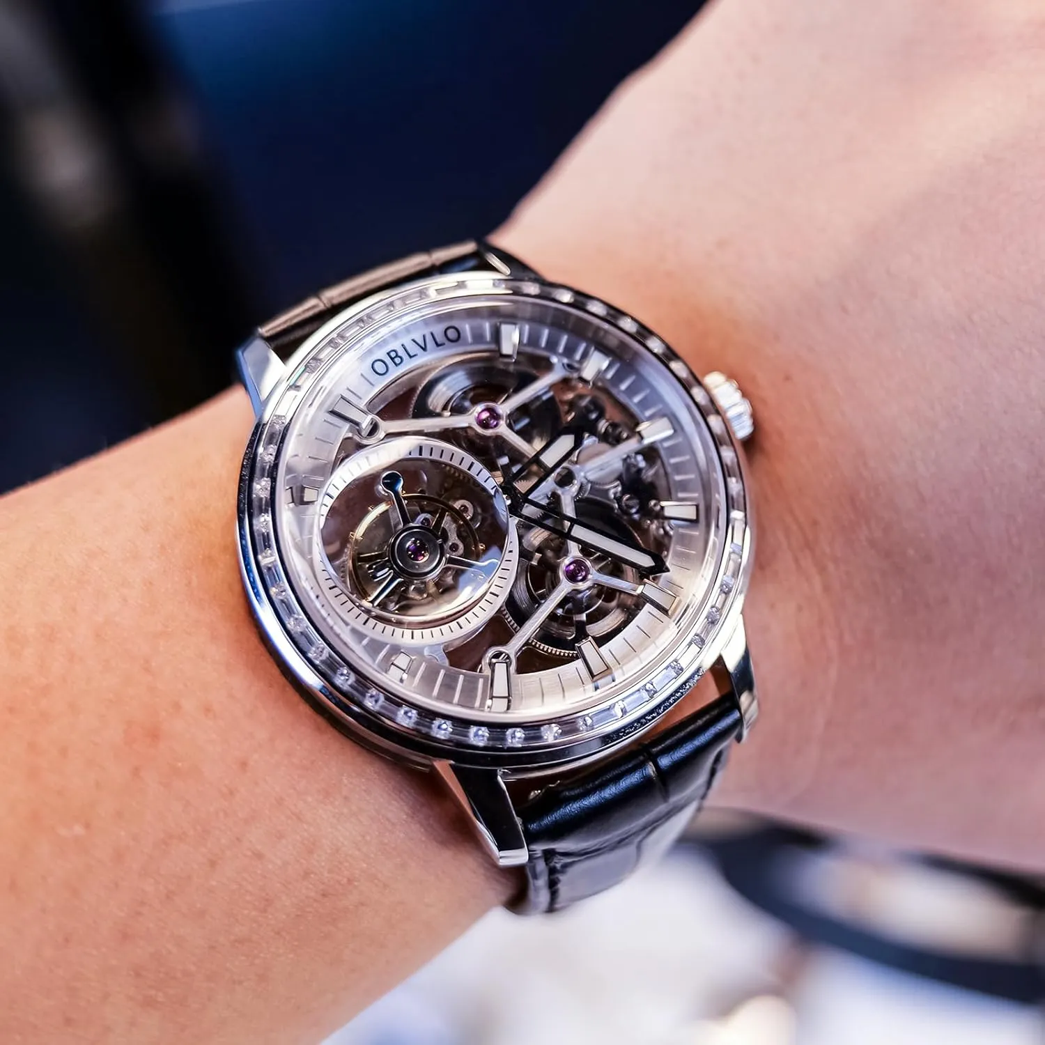 Leather lithography Diamond Bezel Skeleton Dial Mechanical Watches VM-TB-D Men Tourbillon Manual-Winding Watches Genuine 