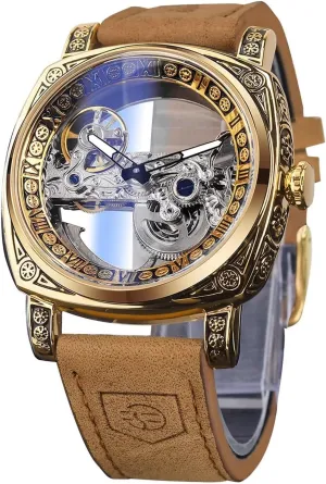 Leather Strap Casual Automatic Watches Luminous Waterproof Men Watch,Classic Fashion Transparent Square Dial Skeleton linen attention Mechanical Wristwatch 