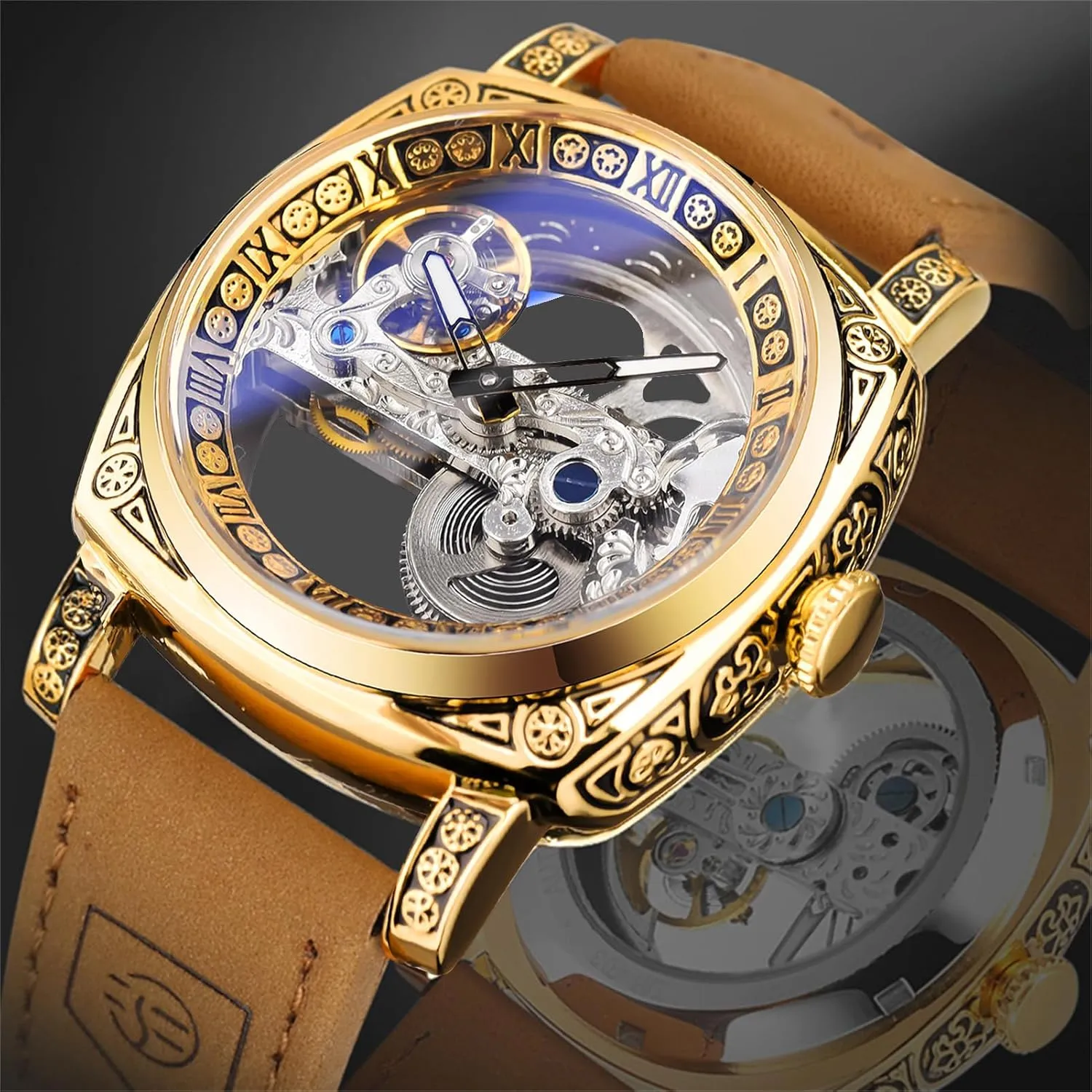 Leather Strap Casual Automatic Watches Luminous Waterproof Men Watch,Classic Fashion Transparent Square Dial Skeleton linen attention Mechanical Wristwatch 