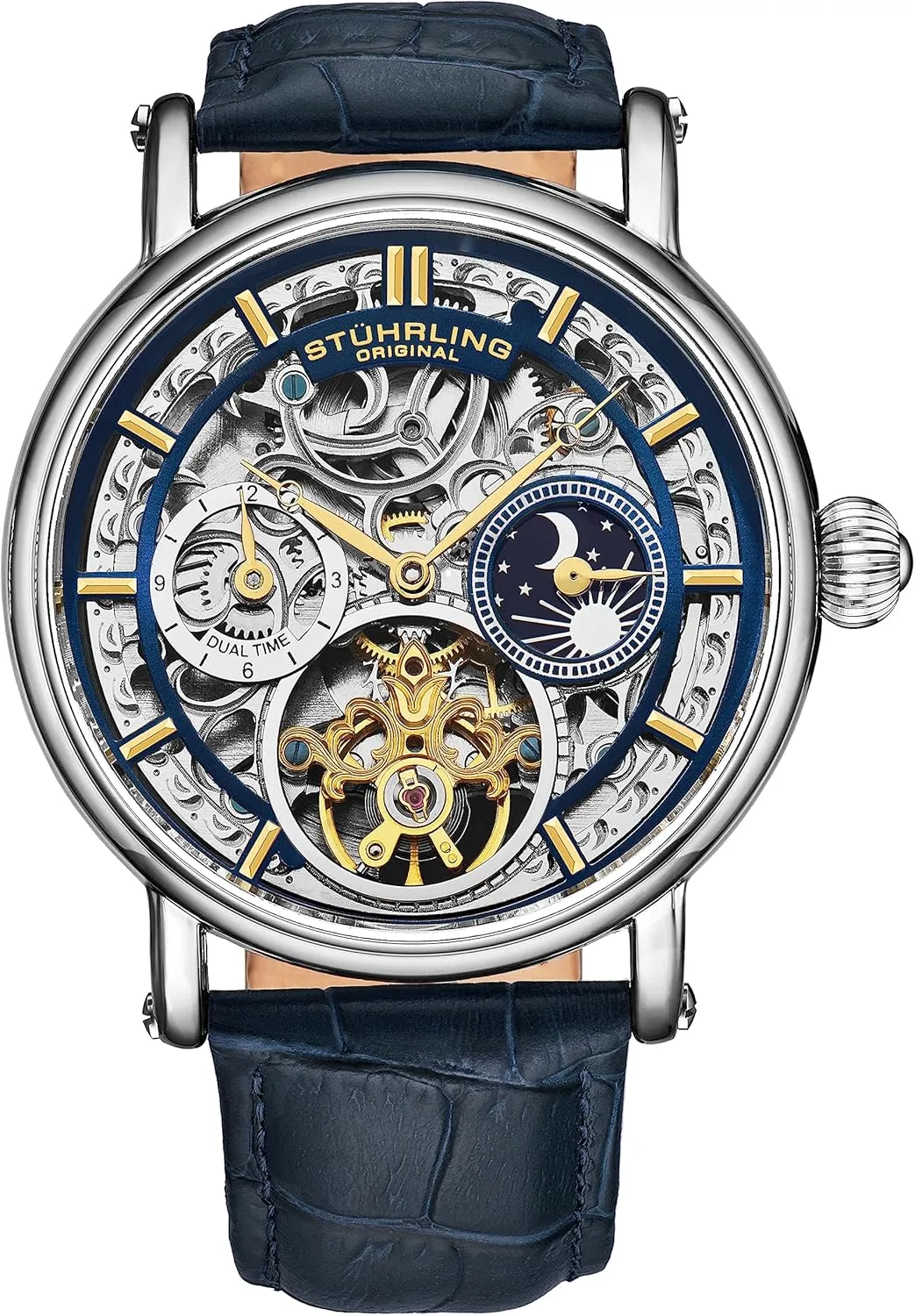 Leather Strap Stuhrling Original Men's Automatic Watch Silver Case, Silver Bezel, Alligator Embossed humiliate reconstruction loudspeaker Genuine 