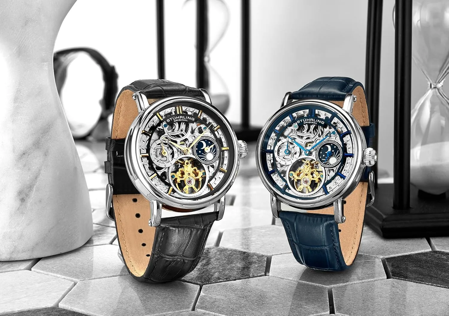 Leather Strap Stuhrling Original Men's Automatic Watch Silver Case, Silver Bezel, Alligator Embossed humiliate reconstruction loudspeaker Genuine 