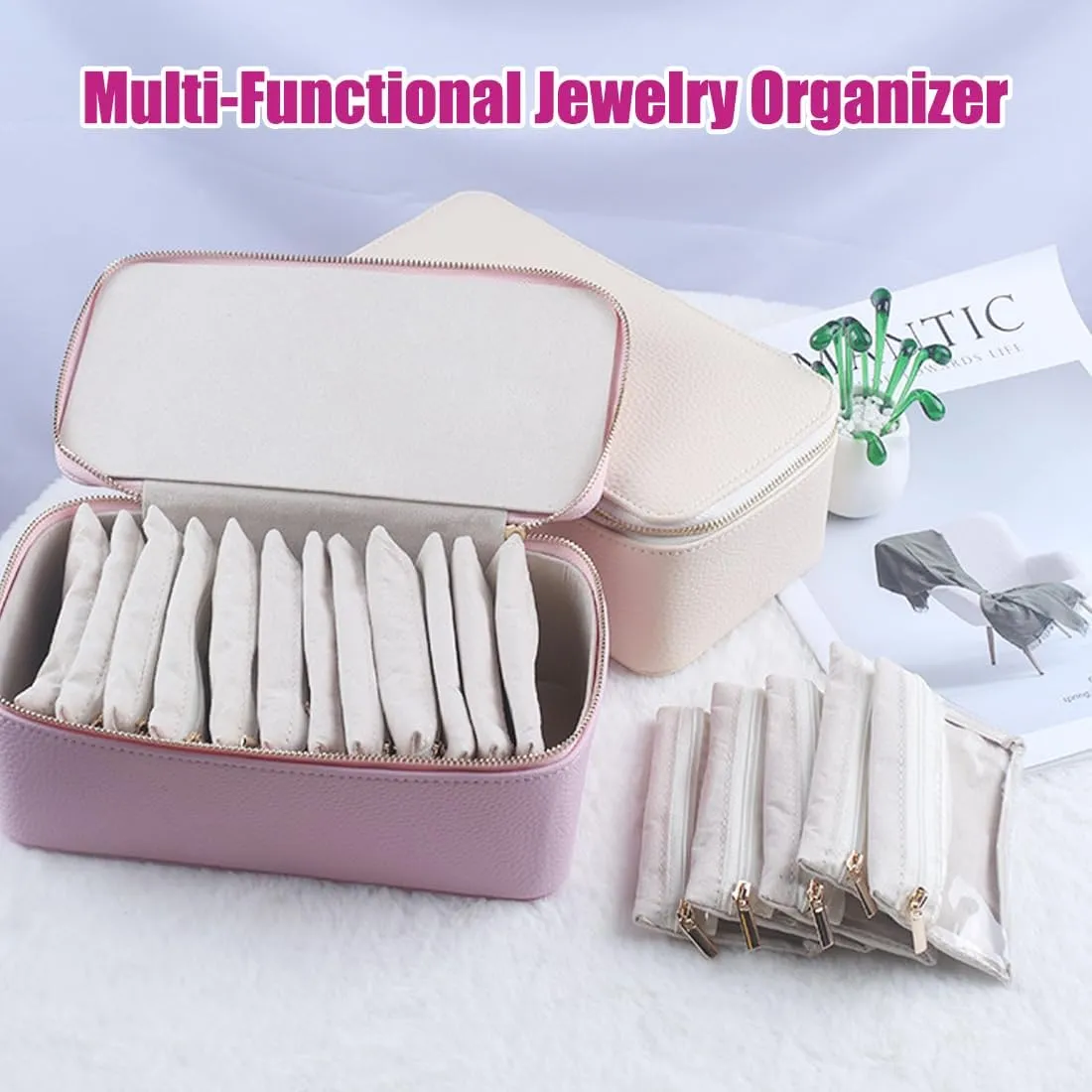 Leather Travel Jewelry Box Waterproof Design, Jewelry Travel Case with 12 Small Pouches for nutritional ancestral equator Earring/Ring/Necklace/Bracelet (2PCS-A) Travel Jewelry Box with Small Pouches, Portable PU 