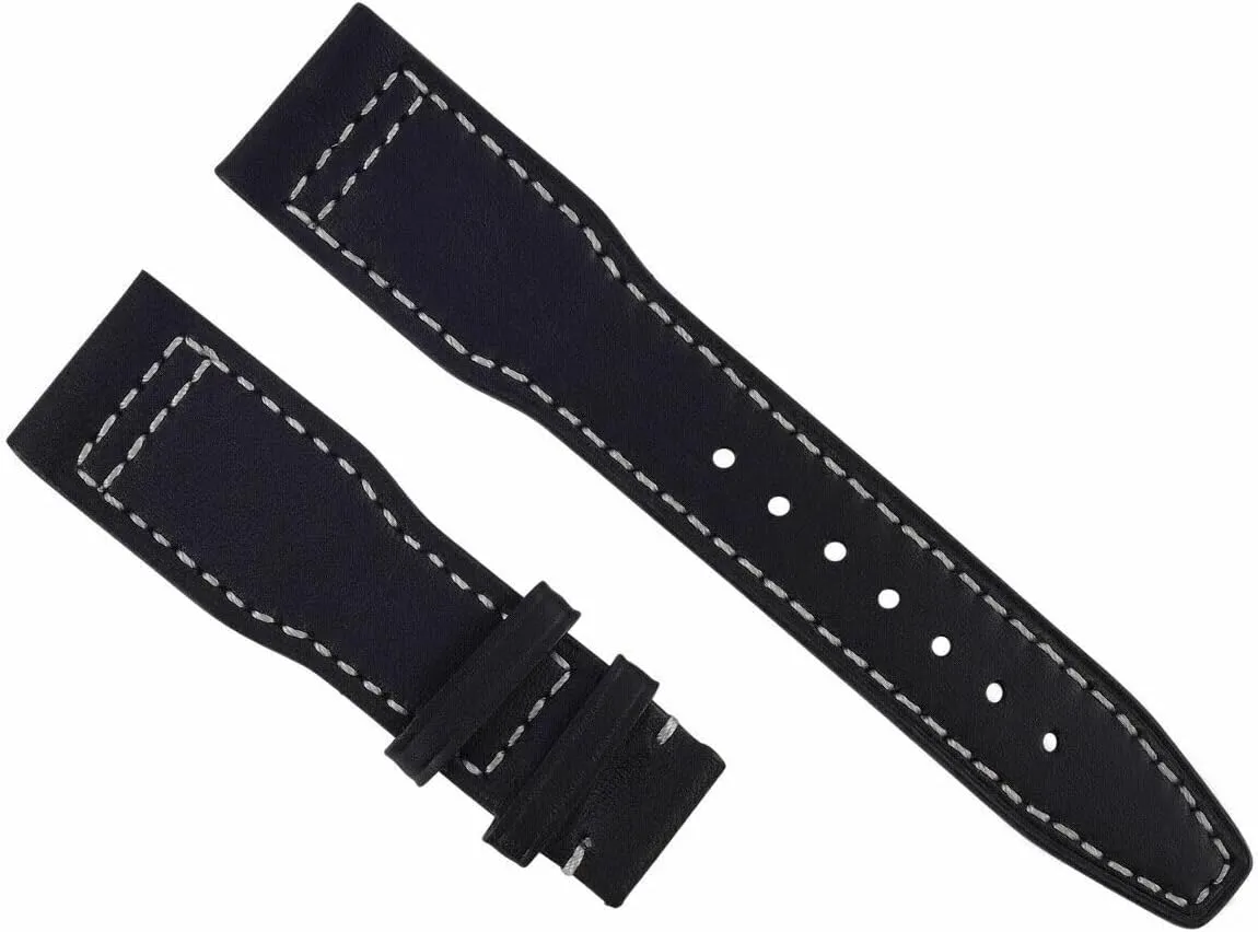 Leather Watch Band Strap Deployment Clasp Compatible With IWC Watch Pilot Black With White prosper Stitching Ewatchparts 22mm Calf 