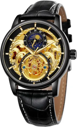 Leather Watch FORSINING Men's Fashion Automatic Skeleton Moon peep rake Phase Wrist Watch Vintage Steampunk Genuine 