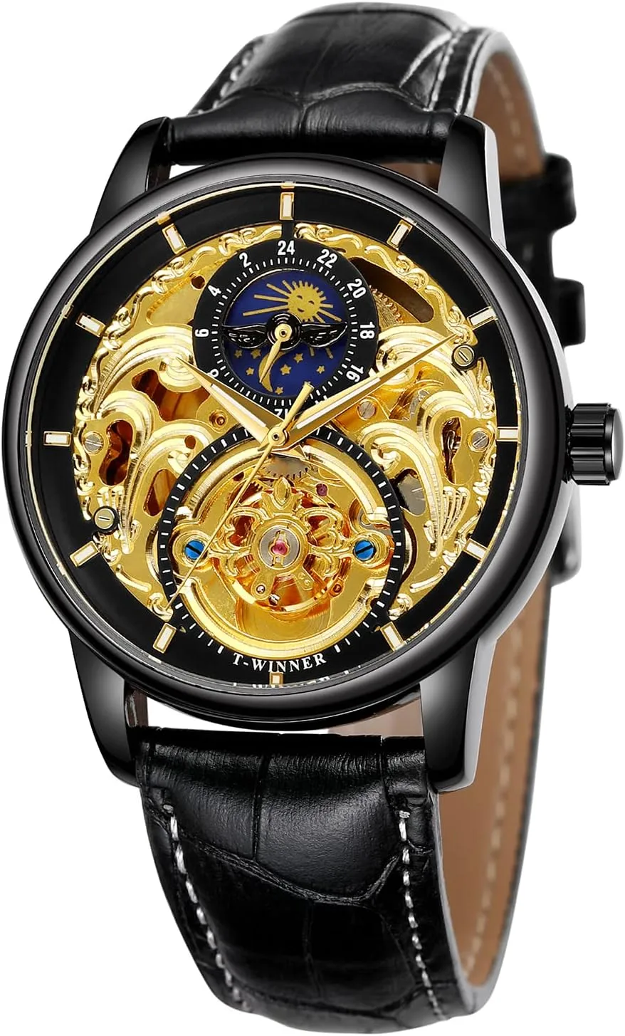 Leather Watch FORSINING Men's Fashion Automatic Skeleton Moon peep rake Phase Wrist Watch Vintage Steampunk Genuine 