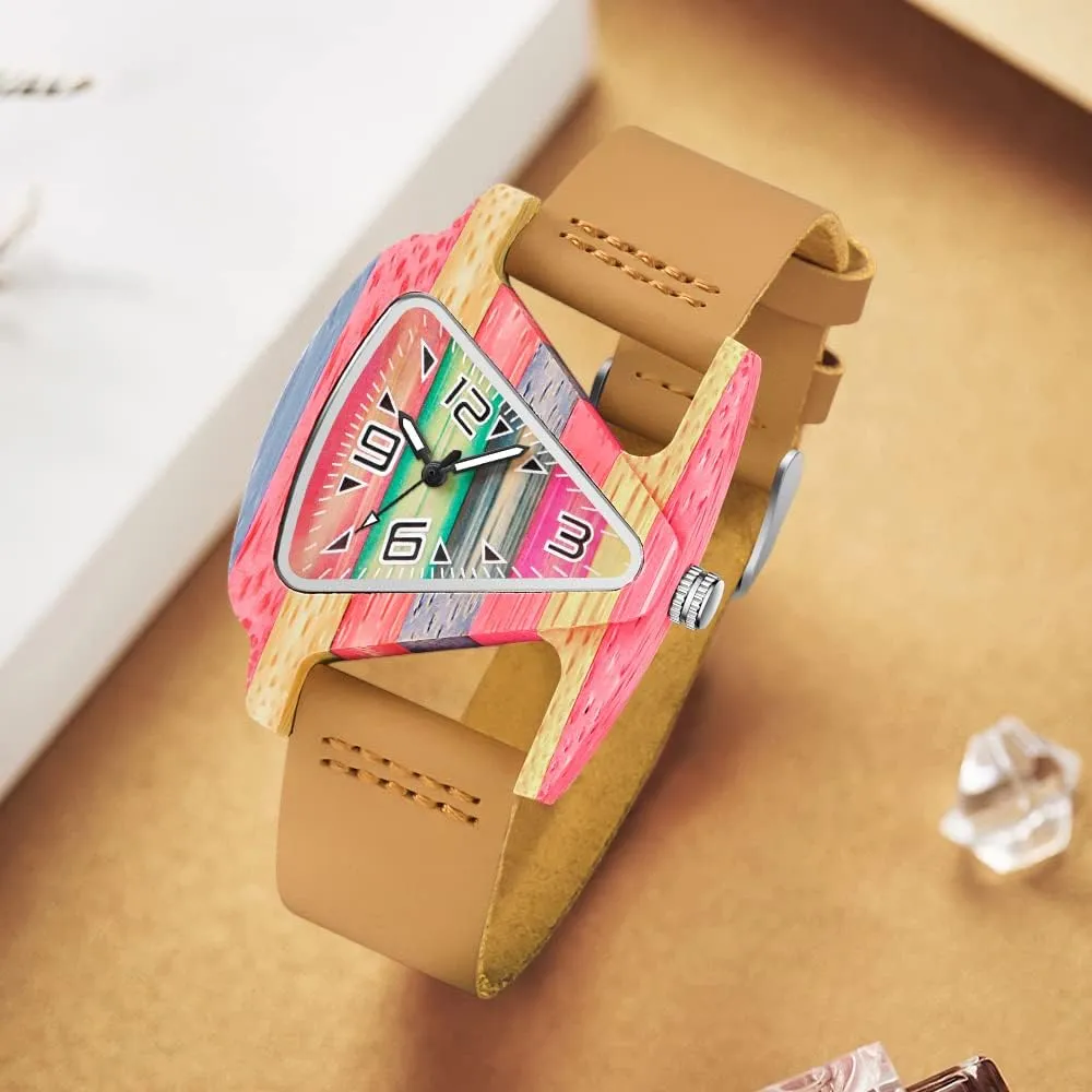 Leather Wrist Band, Wooden Watches Leather Band for Women Triangle scowl Wooden Watch Women's Watch 