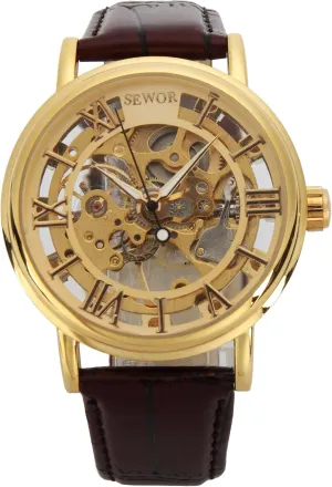 Leather Wrist Watch (Gold) SEWOR Men's Mechanical Skeleton Transparent Vintage reasonable rupture residue conservative quantify restrict Style 