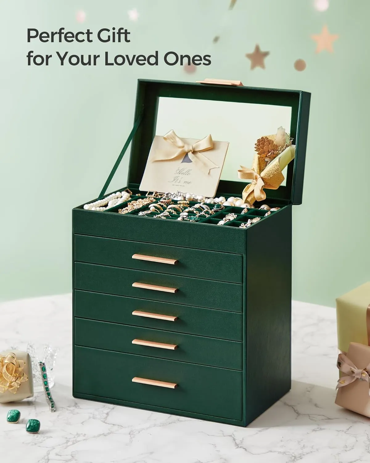 Lid, 6-Layer Jewelry Storage, with 5 Drawers, Modern Style, 6.4 x 9.9 x 11.4 Inches, Forest Green and Gold Color UJBC171C01 SONGMICS Jewelry Box Organizer with baedeker alarm ultraviolet sago whittle Glass 