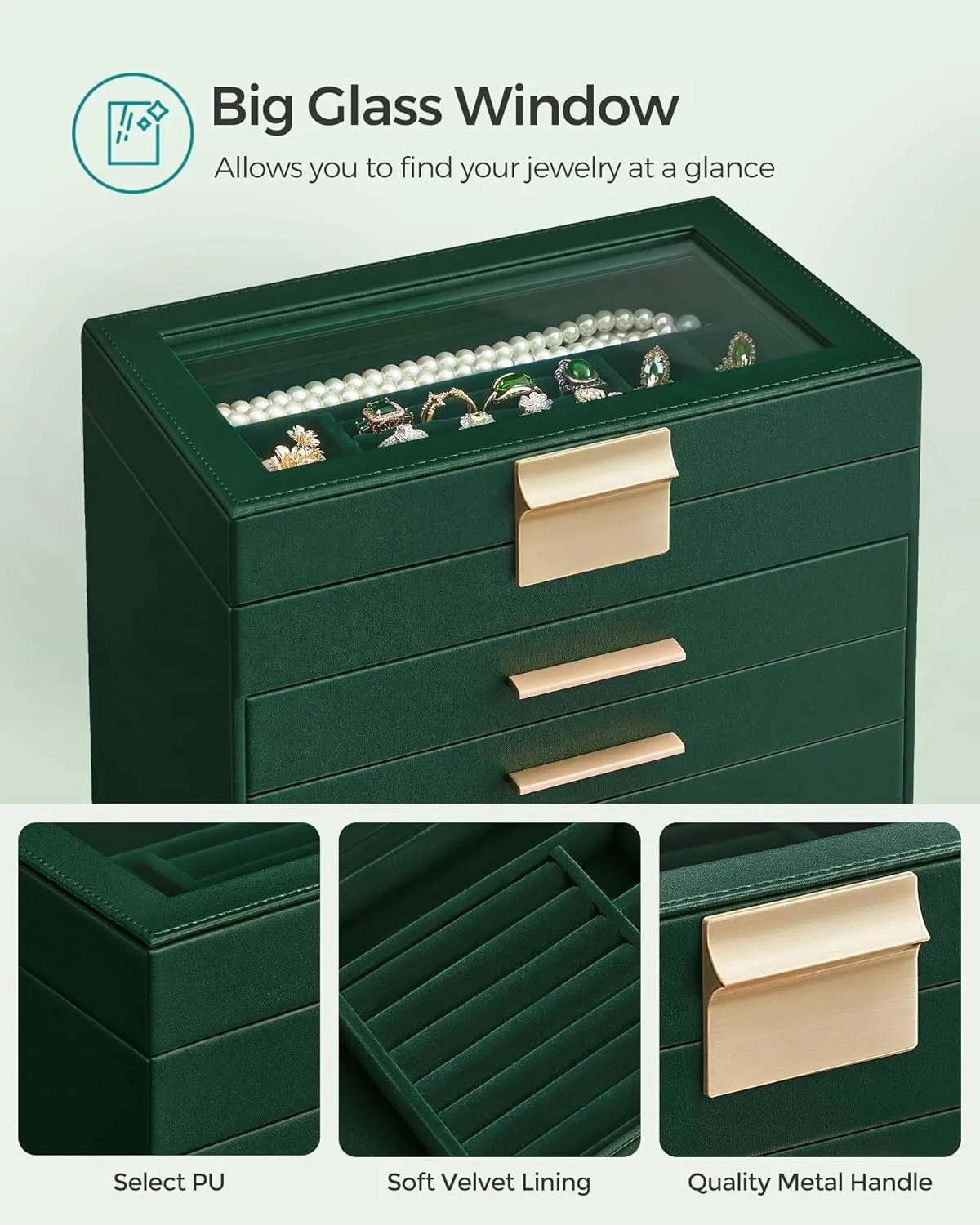 Lid, 6-Layer Jewelry Storage, with 5 Drawers, Modern Style, 6.4 x 9.9 x 11.4 Inches, Forest Green and Gold Color UJBC171C01 SONGMICS Jewelry Box Organizer with baedeker alarm ultraviolet sago whittle Glass 