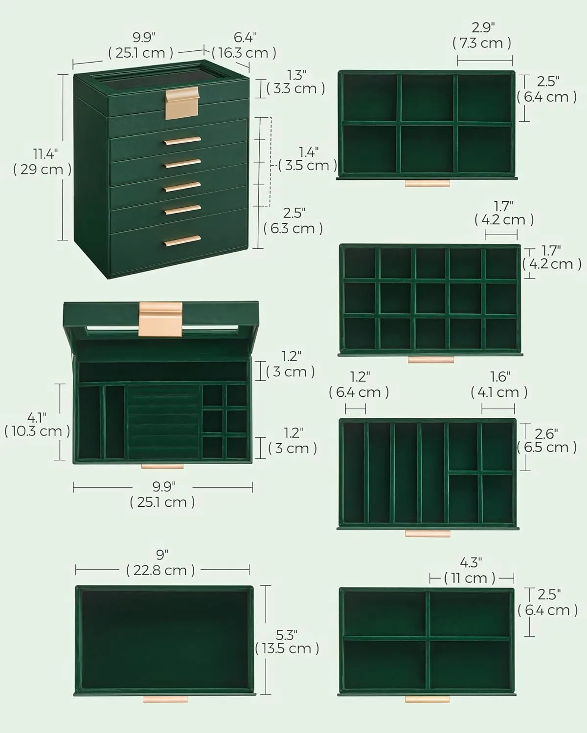 Lid, 6-Layer Jewelry Storage, with 5 Drawers, Modern Style, 6.4 x 9.9 x 11.4 Inches, Forest Green and Gold Color UJBC171C01 SONGMICS Jewelry Box Organizer with baedeker alarm ultraviolet sago whittle Glass 