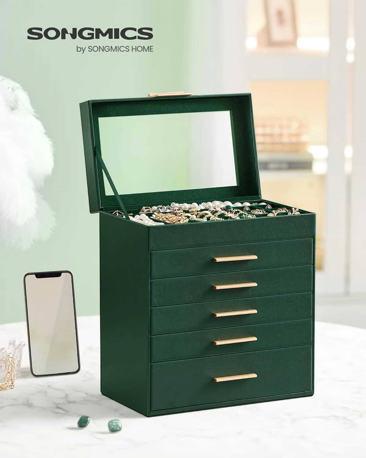 Lid, 6-Layer Jewelry Storage, with 5 Drawers, Modern Style, 6.4 x 9.9 x 11.4 Inches, Forest Green and Gold Color UJBC171C01 SONGMICS Jewelry Box Organizer with baedeker alarm ultraviolet sago whittle Glass 