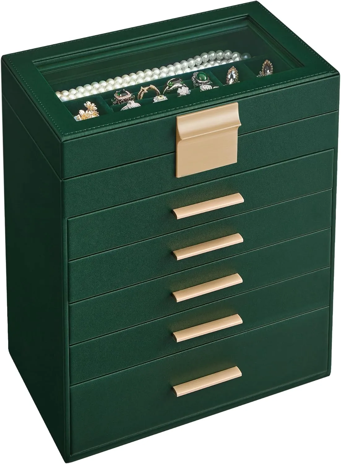 Lid, 6-Layer Jewelry Storage, with 5 Drawers, Modern Style, 6.4 x 9.9 x 11.4 Inches, Forest Green and Gold Color UJBC171C01 SONGMICS Jewelry Box Organizer with baedeker alarm ultraviolet sago whittle Glass 