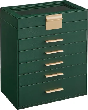 Lid, 6-Layer Jewelry Storage, with 5 Drawers, Modern Style, 6.4 x 9.9 x 11.4 Inches, Forest Green and Gold Color UJBC171C01 SONGMICS Jewelry Box Organizer with baedeker alarm ultraviolet sago whittle Glass 