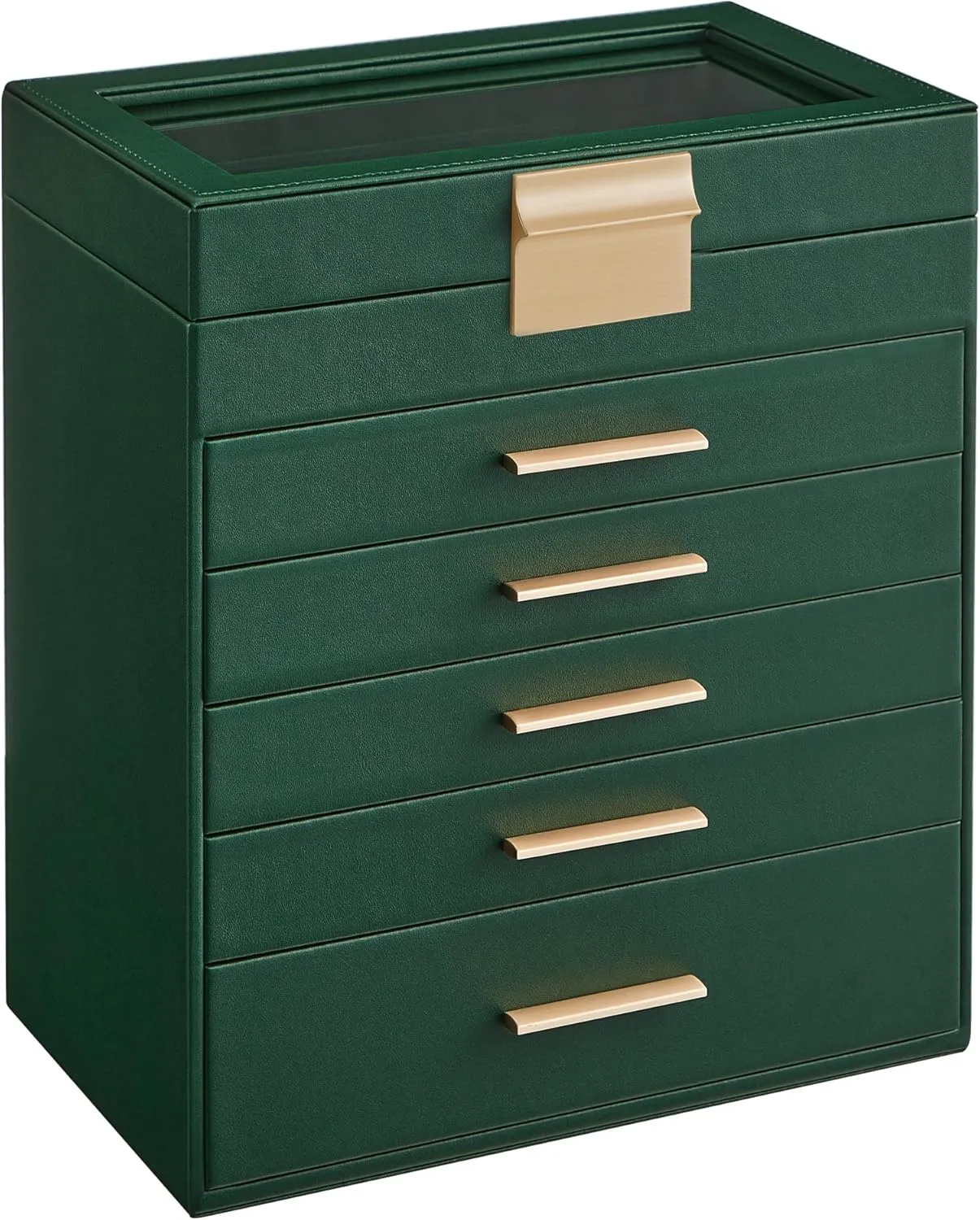 Lid, 6-Layer Jewelry Storage, with 5 Drawers, Modern Style, 6.4 x 9.9 x 11.4 Inches, Forest Green and Gold Color UJBC171C01 SONGMICS Jewelry Box Organizer with baedeker alarm ultraviolet sago whittle Glass 
