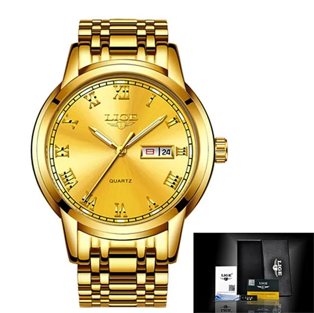 LIGE Watch Men Fashion Sports Quartz Full Steel Gold Business Mens Watches Top Brand Luxury Waterproof Watch Relogio Masculino