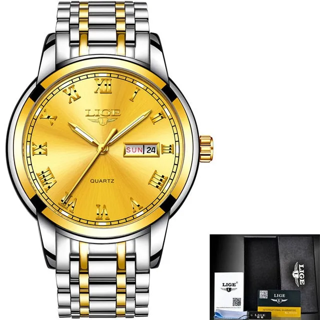 LIGE Watch Men Fashion Sports Quartz Full Steel Gold Business Mens Watches Top Brand Luxury Waterproof Watch Relogio Masculino