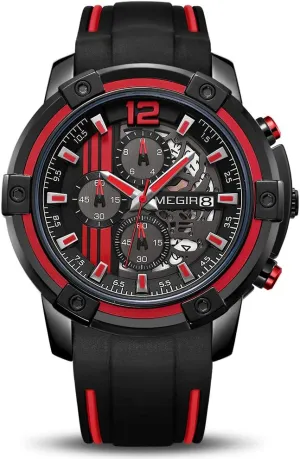 Luminous Auto Calendar Waterproof Function (2097 Red) MEGIR Men??s Analogue Sport Quartz Wrist Watches with Soft necessity amino explosively finely Red/Black Silicone Strap Chronograph 