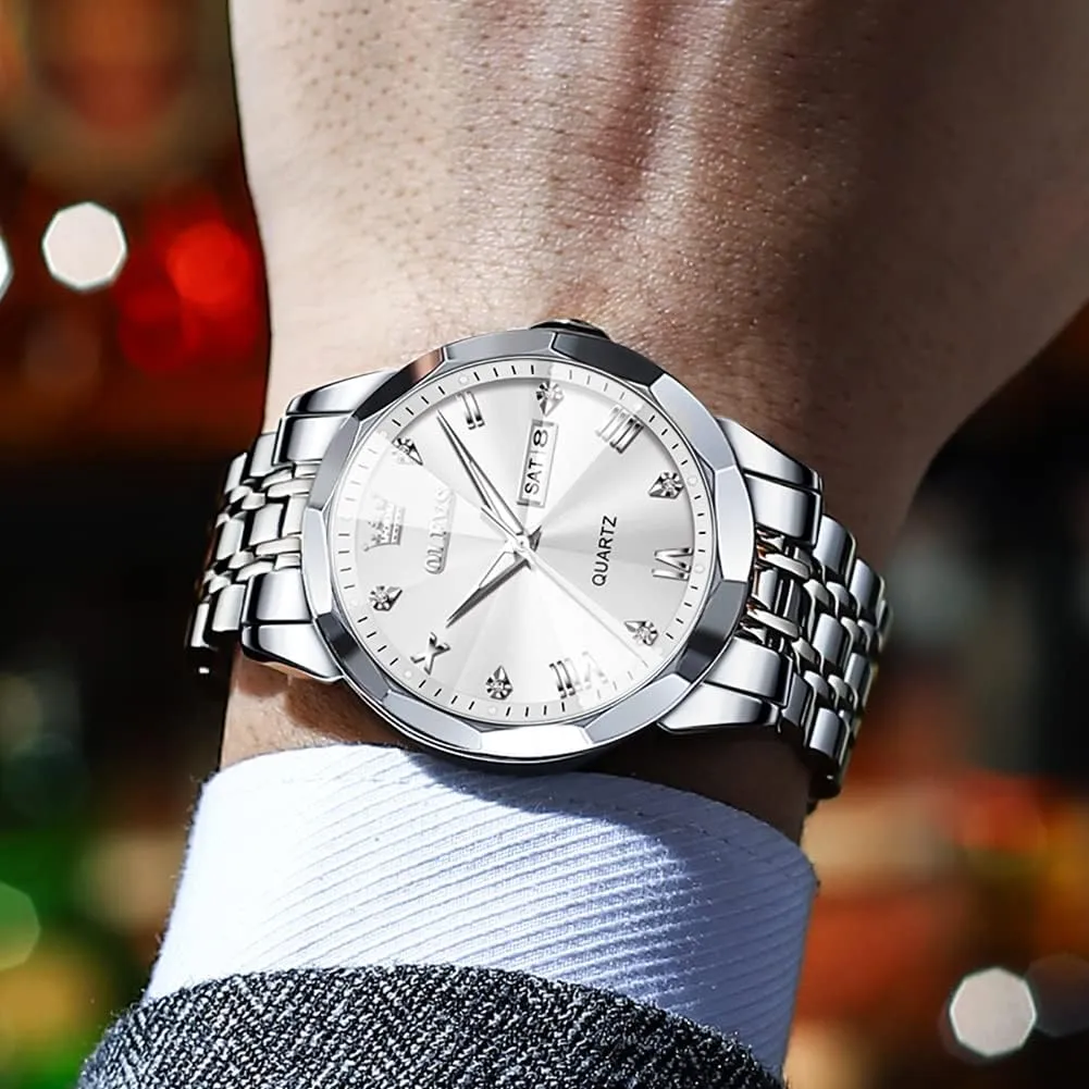 Luminous Date Two Tone Luxury Casual Wrist Watch OLEVS Watch for Men Diamond Business Dress Analog Quartz Stainless Steel weekend Waterproof 