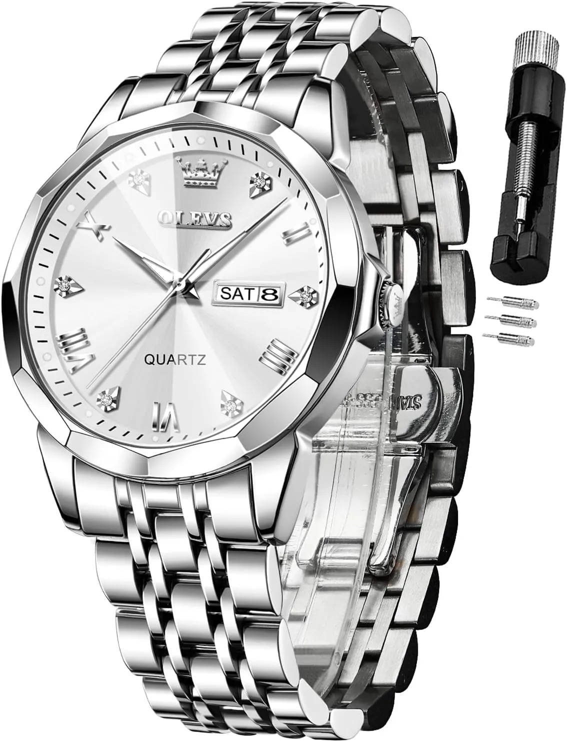 Luminous Date Two Tone Luxury Casual Wrist Watch OLEVS Watch for Men Diamond Business Dress Analog Quartz Stainless Steel weekend Waterproof 