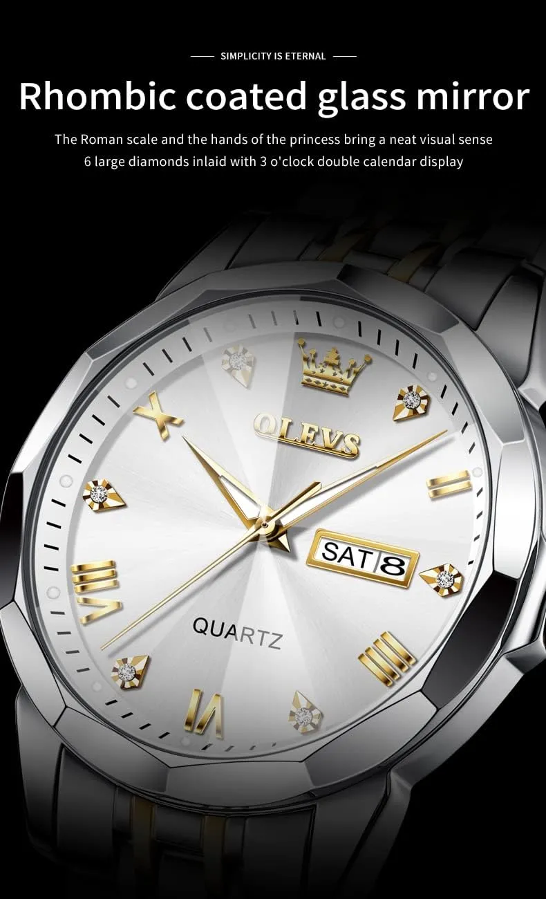 Luminous Date Two Tone Luxury Casual Wrist Watch OLEVS Watch for Men Diamond Business Dress Analog Quartz Stainless Steel weekend Waterproof 
